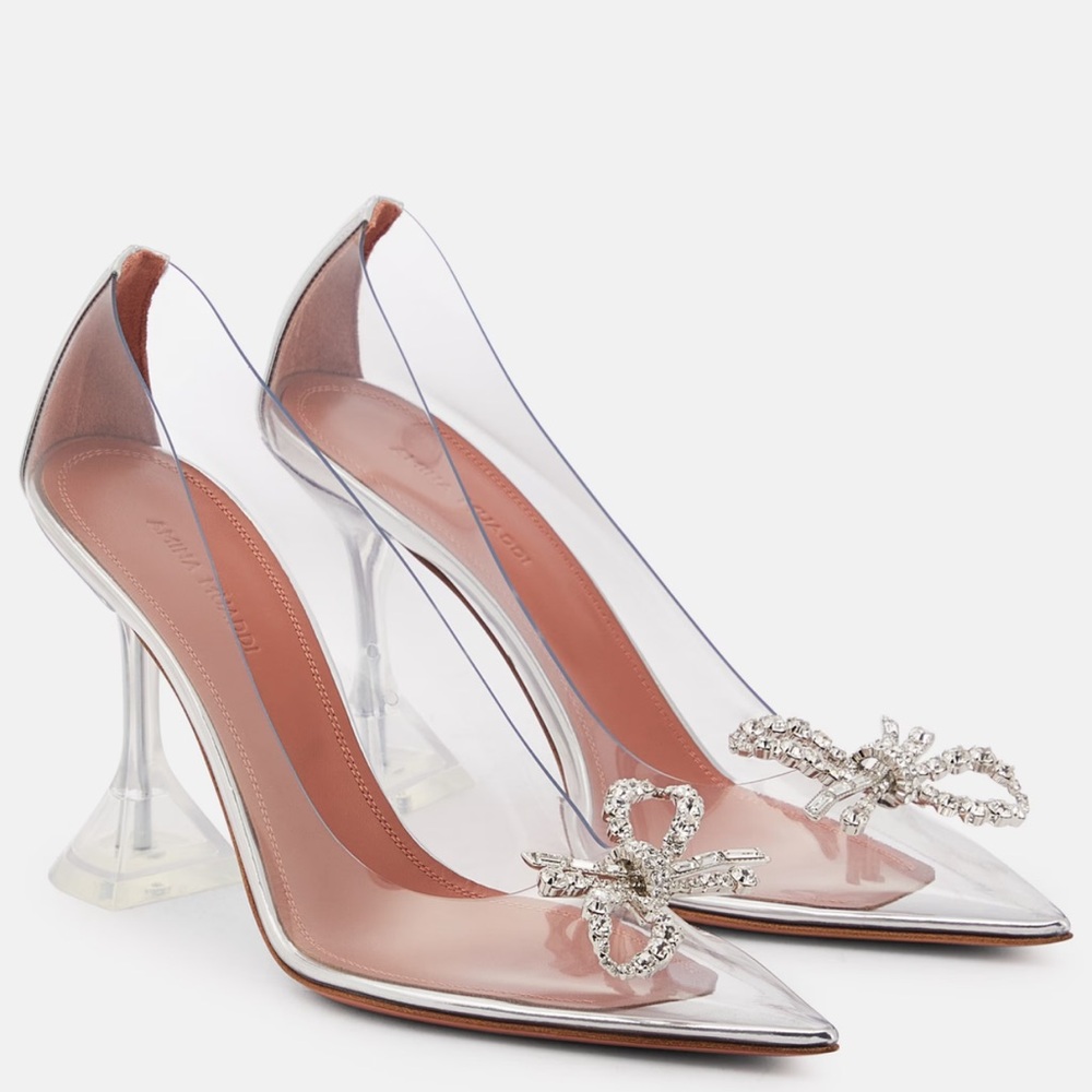 New Amina Muaddi Rosie 95mm Crystal Bow Glass Pumps Size 38